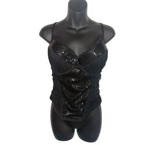Beautiful Smart Sexy Black Sequin Corset Bustier Top Rhinestone Straps Lingerie